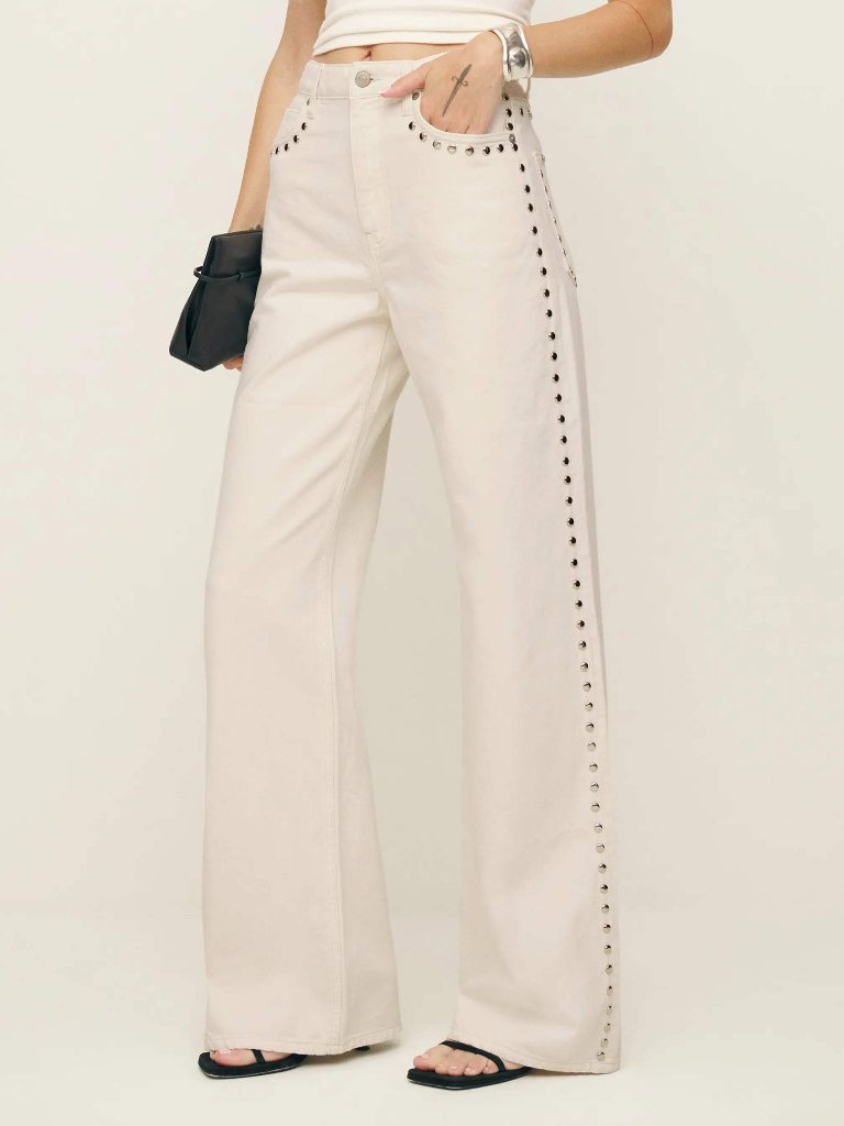 Reformation Cary High Rise Slouchy Wide Leg Jeans Cream Studded Size 28